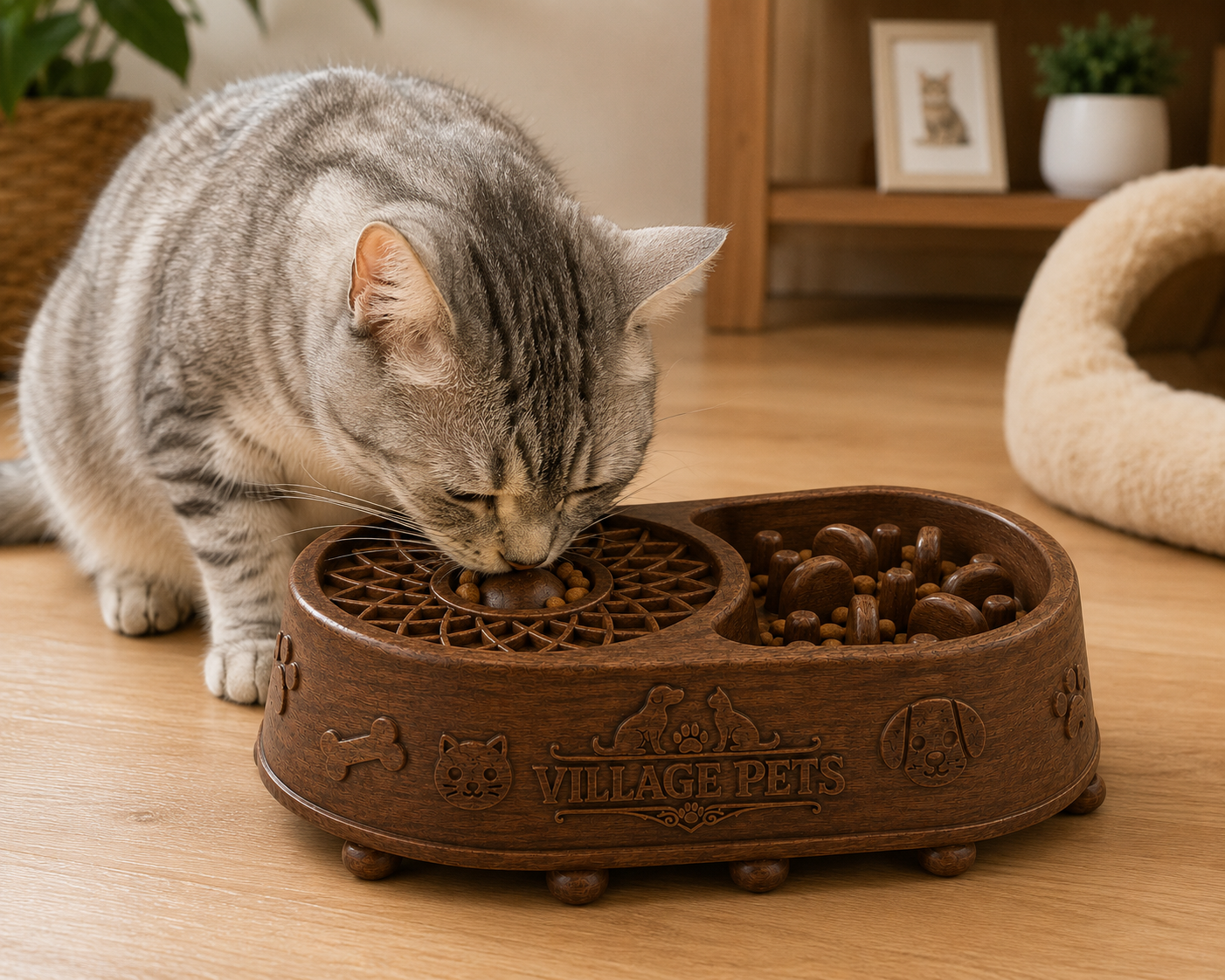 2-in-1 Interactive Slow Feeder Puzzle Bowl for Cats and Dogs – Dark Wood Effect