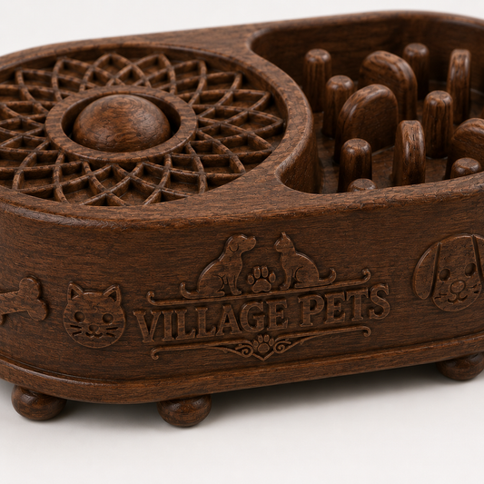 2-in-1 Interactive Slow Feeder Puzzle Bowl for Cats and Dogs – Dark Wood Effect