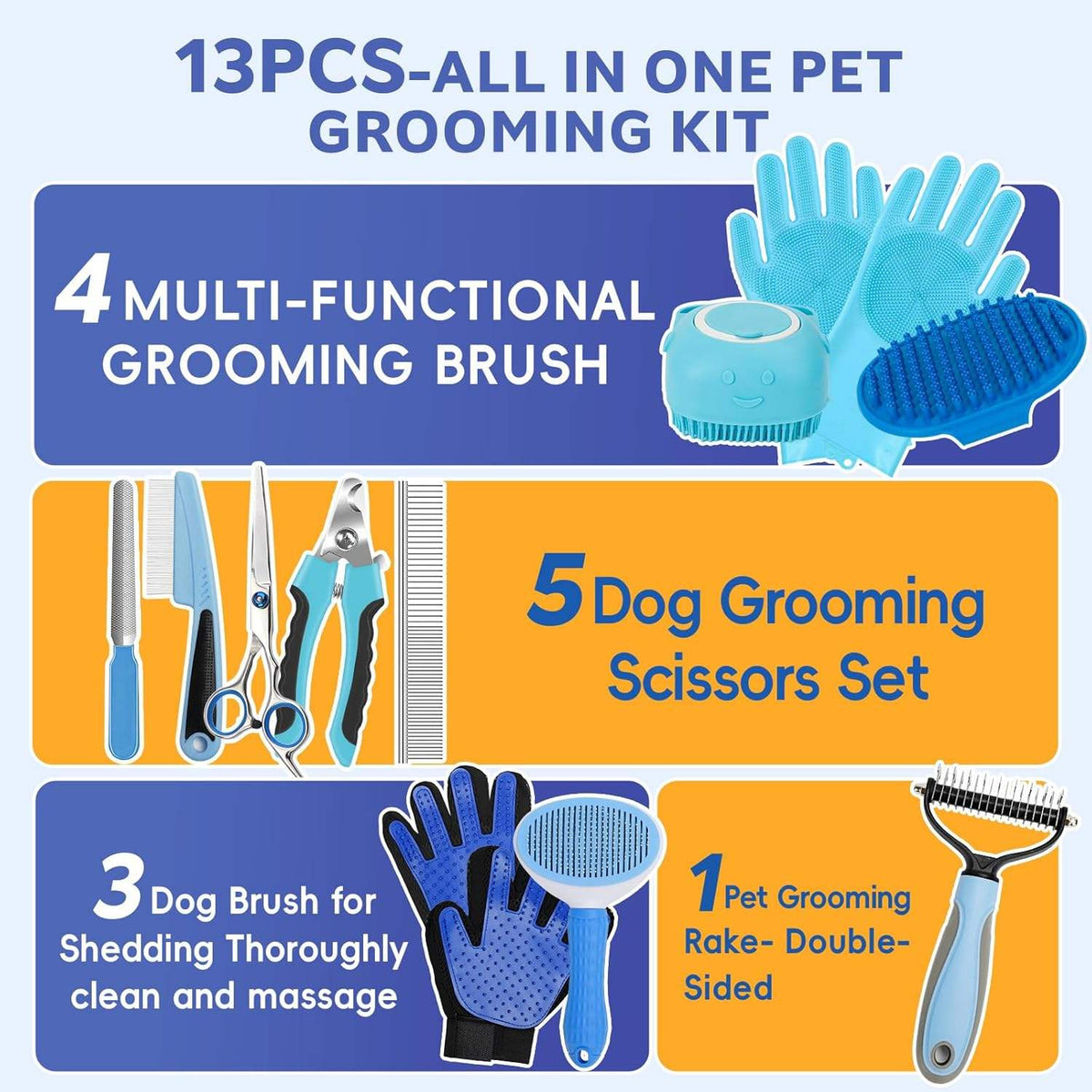 13-Piece Dog Grooming Kit for Dogs and Cats with Pet Hair Remover, Brushes, Combs and Portable Storage Bag