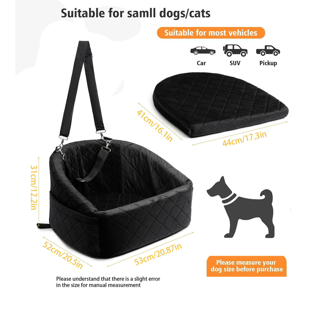 Detachable Washable Dog Car Seat for Small Dogs and Cats, Soft Padded Pet Travel Seat Bed