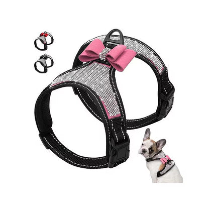 Reflective Rhinestone Dog Harness with Bowknot – Adjustable Nylon Vest for Small Dogs