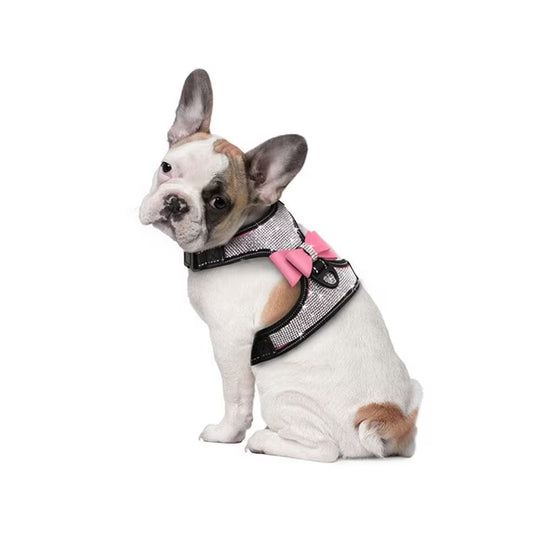 Reflective Rhinestone Dog Harness with Bowknot – Adjustable Nylon Vest for Small Dogs
