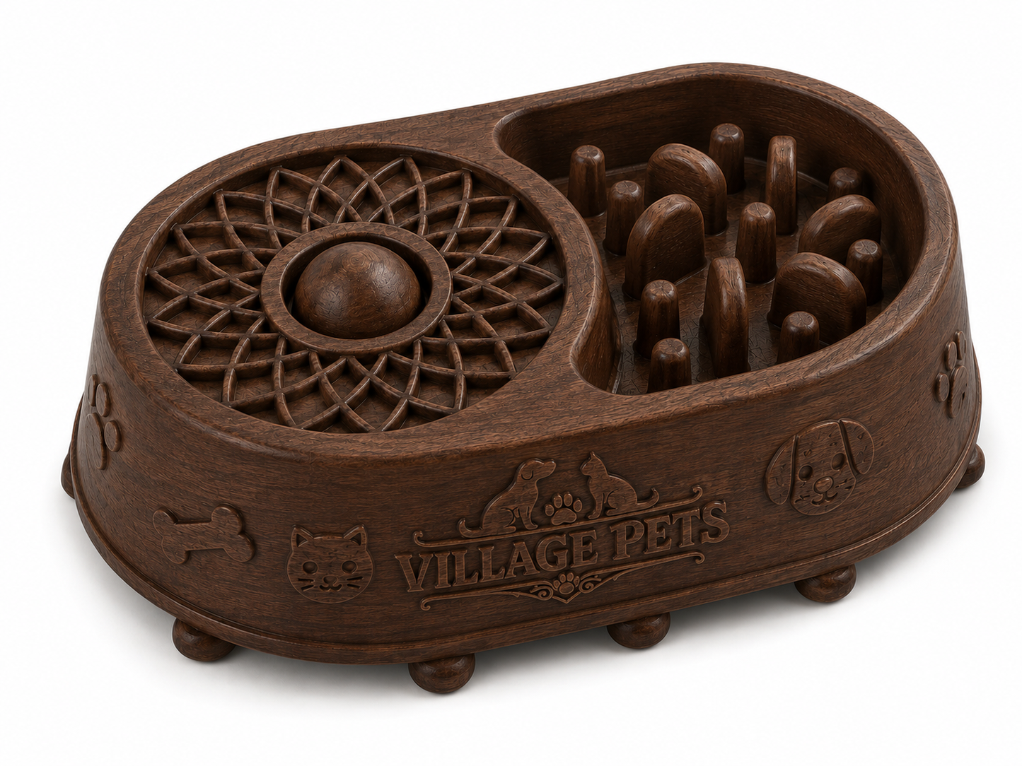 2-in-1 Interactive Slow Feeder Puzzle Bowl for Cats and Dogs – Dark Wood Effect