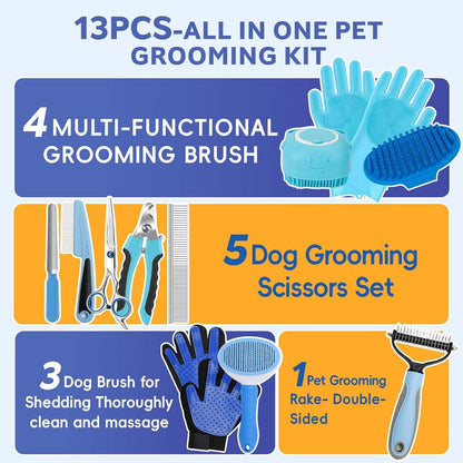 13-Piece Dog Grooming Kit for Dogs and Cats with Pet Hair Remover, Brushes, Combs and Portable Storage Bag