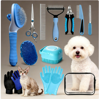 13-Piece Dog Grooming Kit for Dogs and Cats with Pet Hair Remover, Brushes, Combs and Portable Storage Bag