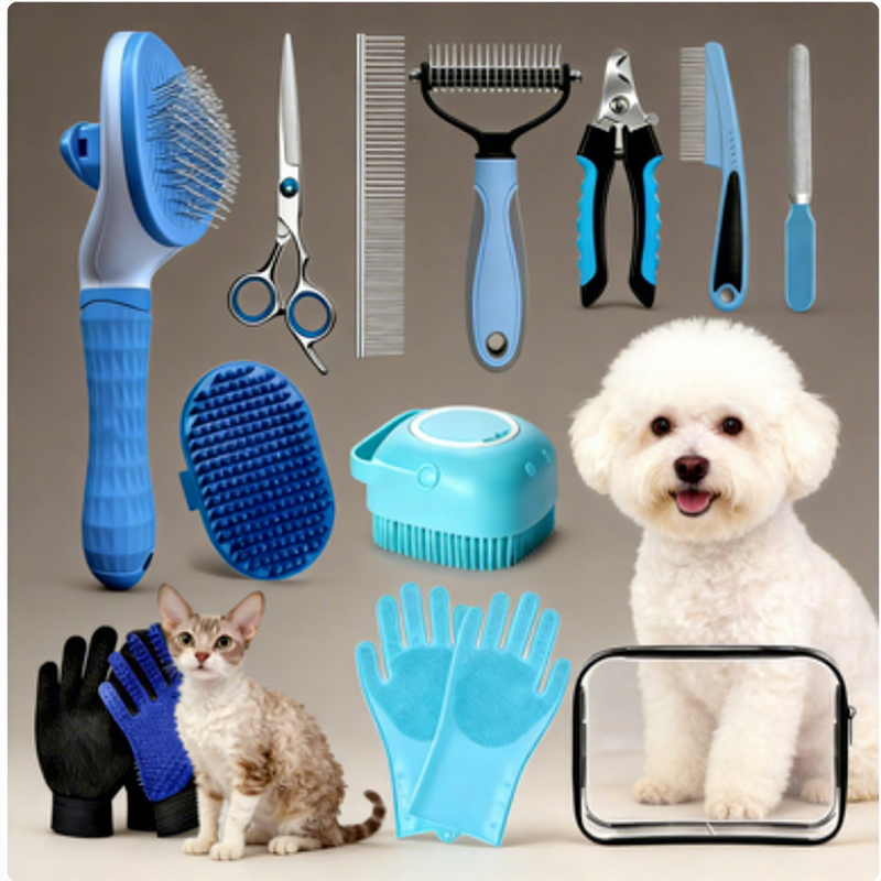 13-Piece Dog Grooming Kit for Dogs and Cats with Pet Hair Remover, Brushes, Combs and Portable Storage Bag