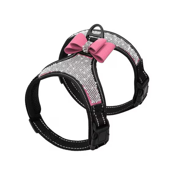 Reflective Rhinestone Dog Harness with Bowknot – Adjustable Nylon Vest for Small Dogs