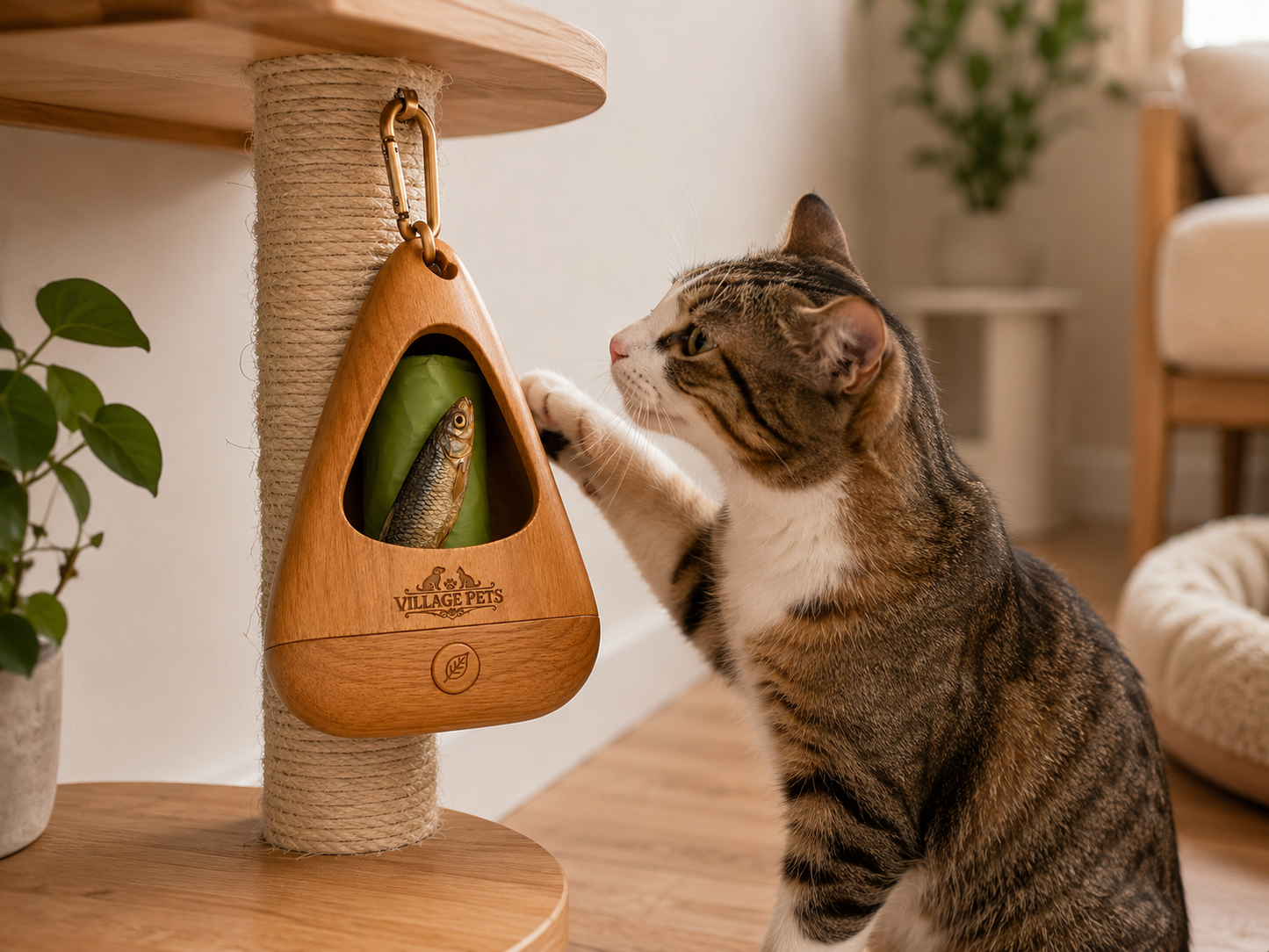 Portable Pet Waste Bag Dispenser with Carabiner Clip – Wood Effect and Green