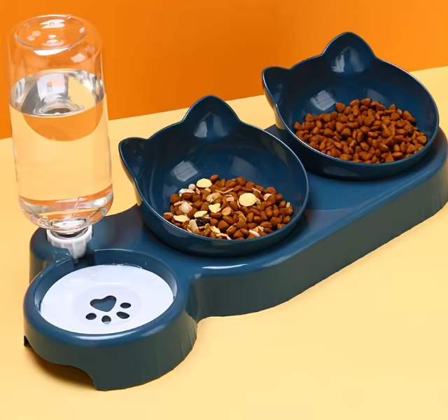 3-in-1 Cat Food & Water Bowl Set with Gravity Water Dispenser – Tilted Bowls