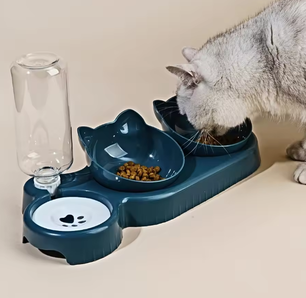 3-in-1 Cat Food & Water Bowl Set with Gravity Water Dispenser – Tilted Bowls