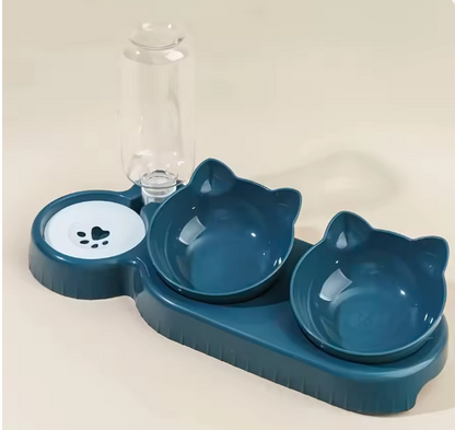 3-in-1 Cat Food & Water Bowl Set with Gravity Water Dispenser – Tilted Bowls